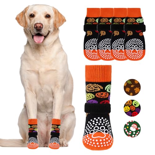 Anti Slip Halloween Dog Socks to Prevent Licking Paws (Halloween Black / Large (4 Pack))