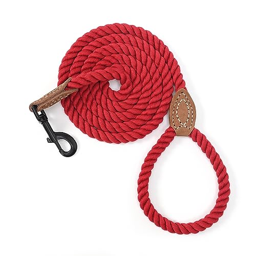 Dog Leash Braided Cotton Rope with Leather (Red / 60 Inch-1/3")