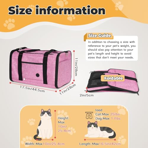 2 Packs 25 lbs Soft Sided Pet Carrier for Large Cat & Small Dog (17.5"L x 11.0"W x 11.0"H / Pink*1+Lake Blue*1)