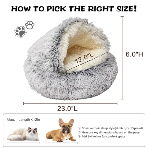 Cozy Cat Bed Round Plush Fluffy Hooded Cave (23.0"L x 23.0"W x 6.0"Th / grey)