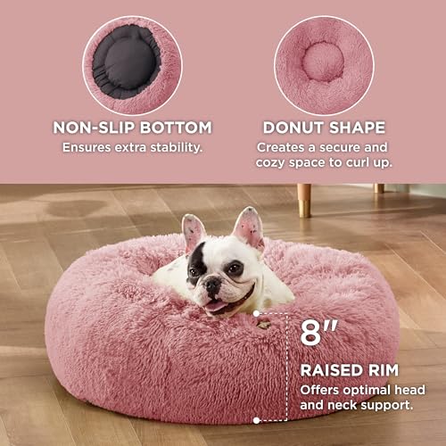 Calming Small Dog Bed Donut Washable Cat＆Puppy Bed (23"L x 23"W x 8"Th / Mauve Blush)