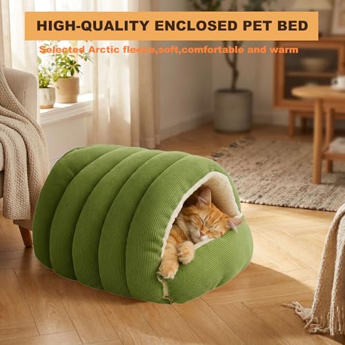3-in-1 Enclosure Cat House Bed，Large Detachable Cat Cave Bed Warm，Cozy Cat Mat Nest Sleeping Bed Puppy House for Cats Small Dogs 22.4x14.5x11 Inches，Green (Green / Large)