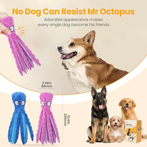 Squeaky Dog Toys No Stuffing Octopus Crinkle for Large Medium Small Dog (Octopus Purple & Blue)