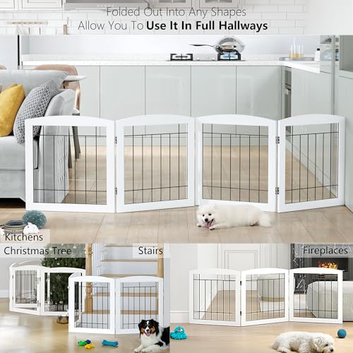 Free Standing Dog Gates for Doorway (White / 【4 Panels】80"W x 24"H)