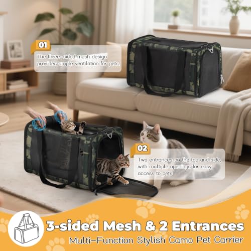 25lbs Cat Carrier Lightproof Soft Sided Pet Carrier for Large Cat (17.5"L x 11.0"W x 11.0"H / Black Camouflage（No Privacy Curtain))