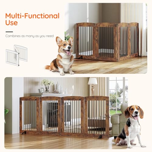 Indoor Dog Gate with Support Feet (Rustic Brown / 【4 Panels】80.3"L x31.5"H)