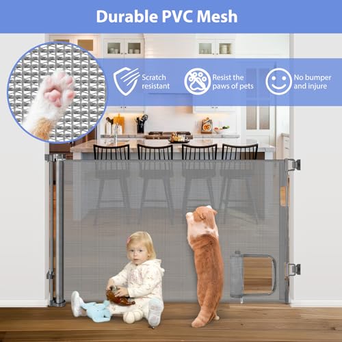 Retractable Baby Gates with Cat Door 80" Wide Retractable Dog Gate with Pet Door Outdoor Retractable Gate for Dogs Retractable Pet Gate with Door Mesh Baby Gate Retractable Mesh Dog Gate (Gray / 33" X 80"（With Cat Door ）)