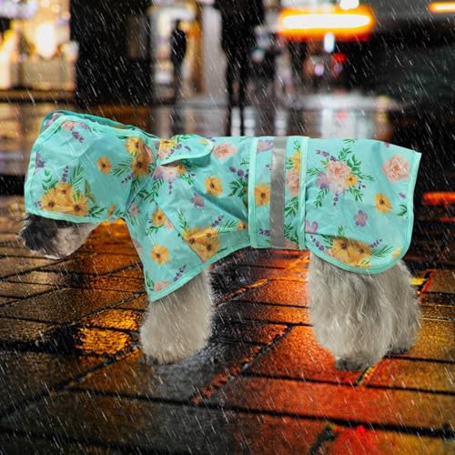 Dog Raincoat Hooded Slicker Poncho with Leash Hole (M:15-20lbs / Flower Green)