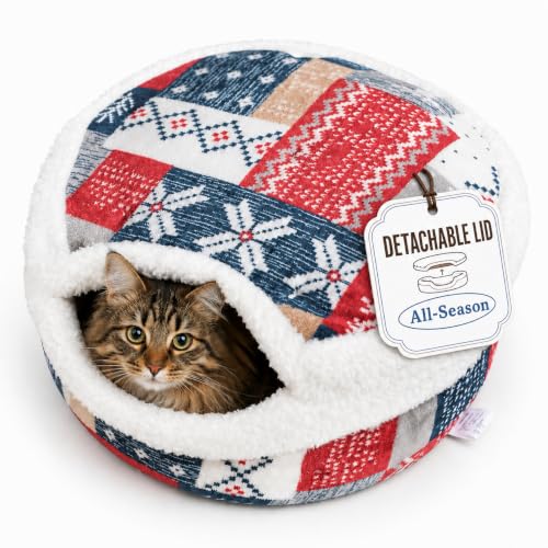 Cat Bed Cave Enclosed Hideaway with Detachable Lid for Kitten (Snow)