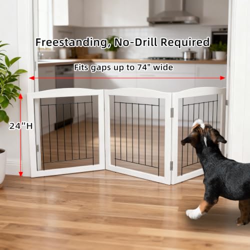 Freestanding Foldable Dog Gate for House Extra Wide Wooden White Indoor Puppy Gate Stairs Doorways Pet Gate Tall Dog Fence 3 Panels Fence (White / 【3 Panels】60''w x 24''h)