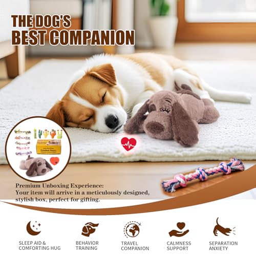Heartbeat Puppy Toy Dog Anxiety Relief Calming Aid Heartbeat Stuffed Animal Behavioral Training and Sleep Aid Comfort Dog Toy Crate Training Heartbeat Dog Toy for Small Medium Large Dogs (Brown-D)