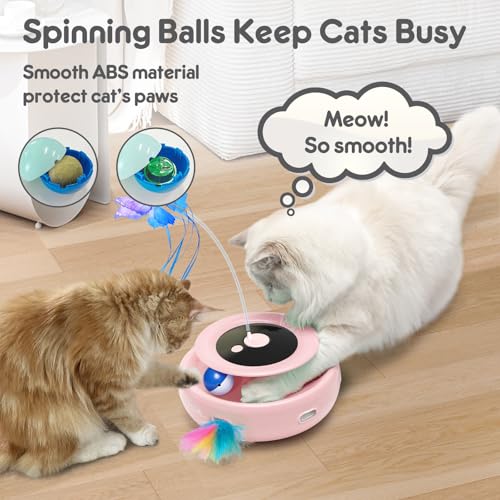 Cat Toy, 3-in-1 Automatic Interactive Electronic Moving Ambush Feather, Fluttering Butterfly, Track Balls, USB Rechargeable Powered Smart Indoor Exercise Kicker (Pink)