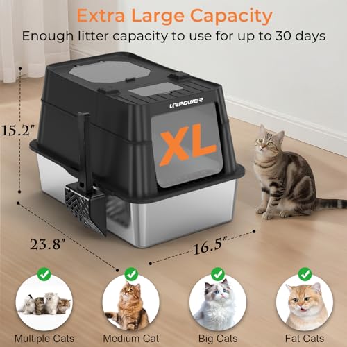 XL Stainless Steel Cat Litter Box with 110° Flip (Matte Black / X-Large)