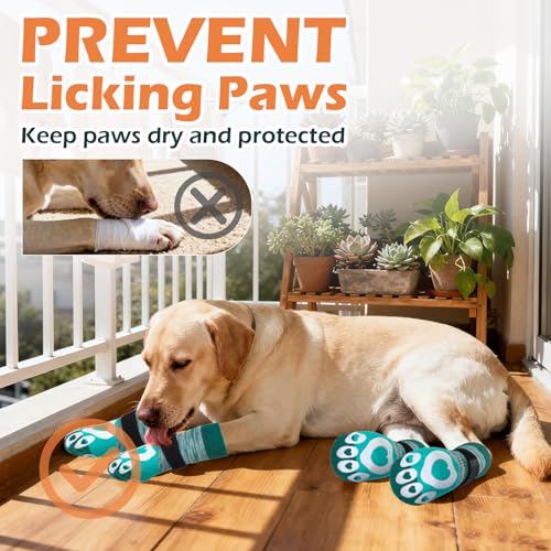 Dog Socks to Prevent Licking Paws with Grippers for Hardwood Floors Anti Slip (Green / Small)