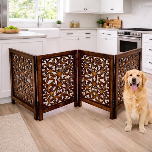 Freestanding Wood Pet Gate (Burnt / 72"x24" Leaf 4 Panels)