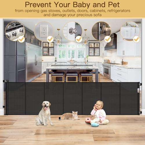 Reinforced 120 Inch Retractable Baby Gates Extra Wide Baby Gate to Prevent Crawling Through (Black / 33" Tall x 120" Wide（ With Reinforced Bar ）)