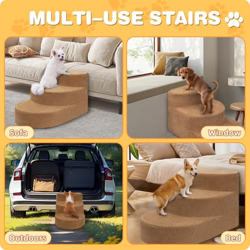 Dog Stairs 3 Steps Foam Pet Ramp for Small Dogs Cats (Khaki-3-Step)