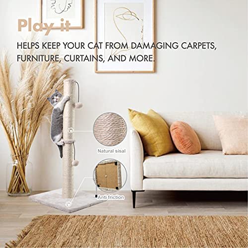34” Tall Cat Scratching Post Premium Basics Kitten Scratcher Sisal Scratch Posts Trees with Hanging Ball for Indoor Cats (34 inches for Adult Cats / Beige)