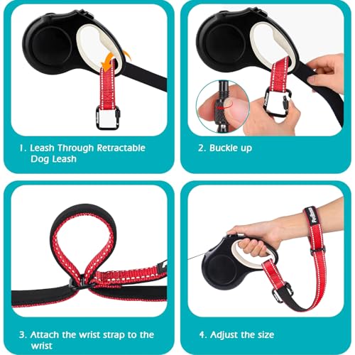 Dog Leash Wrist Strap with Lockable Clip for Dog Retractable Leash (Red / 1 Pack)
