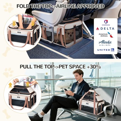 Top Expandable Pet Carrier 17x11x9.5 Inch Alaska Hawaiian Airline Approved Soft Sided Underseat to 12lbs Travel Carriers for Small Dogs and Cats with Locking Safety Zippers Anti (Khaki)