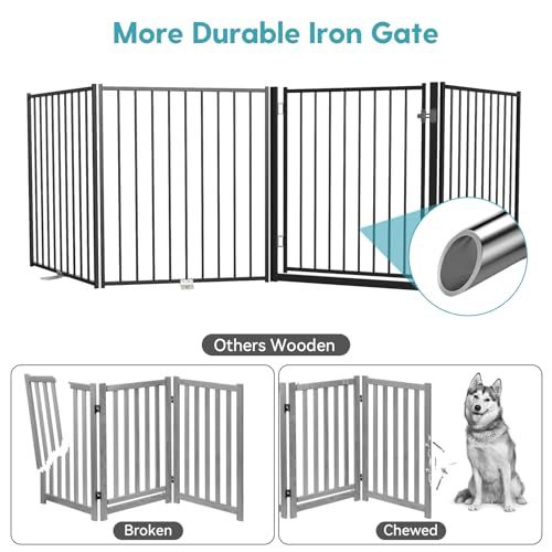 Freestanding Dog Gate with Door for Indoor & Outdoor (Black / 【4 Panels with Door】104"W×30"H)