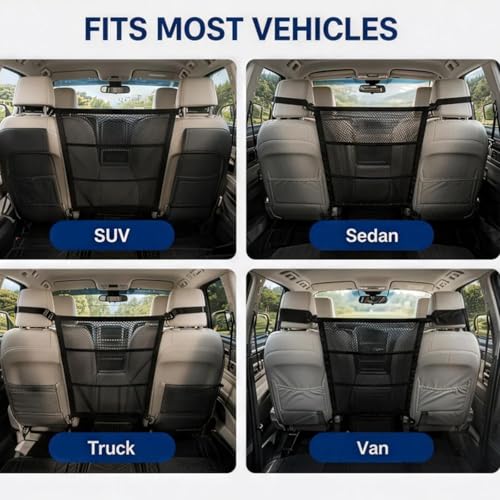 Dog Car Barrier Pet Backseat Net Barrier for Cars SUVs and Trucks Vehicle Dog Barrier Block Pets Safe Driving Protector with Mesh Storage