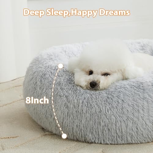 Small Round Calming Dog Bed Cat Bed for Comfy Sleep (20"L x 20"W x 8"Th / light grey)
