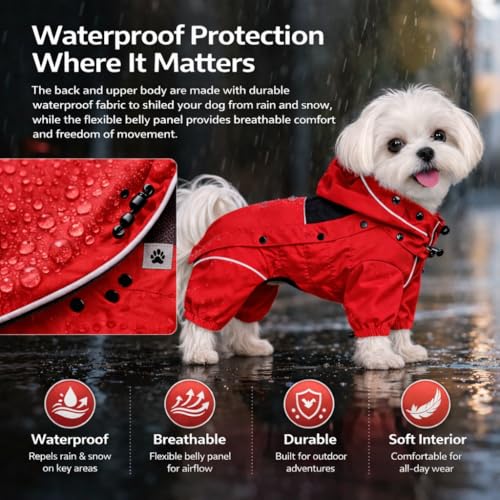 Waterproof Dog Raincoat with Removable Hood (Red / 3XL (Back 22"))