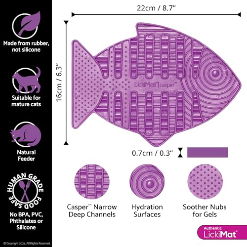 Casper, Fish-Shaped Cat Slow Feeders Lick Mat, Boredom Anxiety Reducer; Perfect for Food, Treats, Yogurt, or Peanut Butter. Fun Alternative to a Slow Feed Cat Bowl or Dish, Purple (Purple)