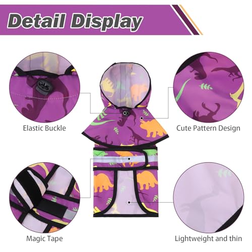 Dog Raincoat Hooded Slicker Poncho with Leash Hole (S:10-15lbs / Cool Dinosaur)