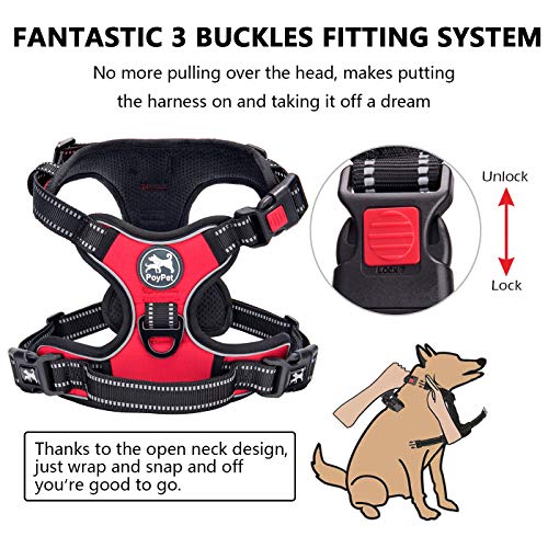 No Pull Dog Harness Large with Front Clip & Neck Release Buckle (Large / Red)
