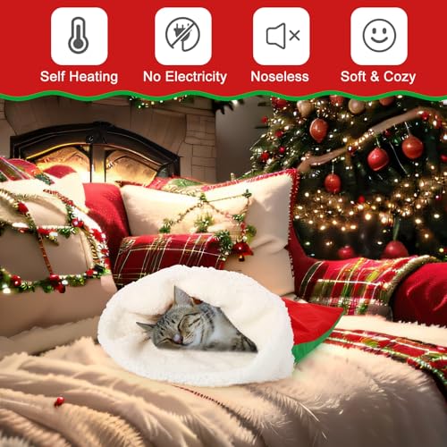 Self Heating Cat Sleeping Bag Self Warming Cat Cave Heated Pad Cozy Soft Winter Washable Wrap Red and Green Pet Sleeping Pouch Snuggle Sack for Puppy Dog Kitten (Christmas / Red and Green)