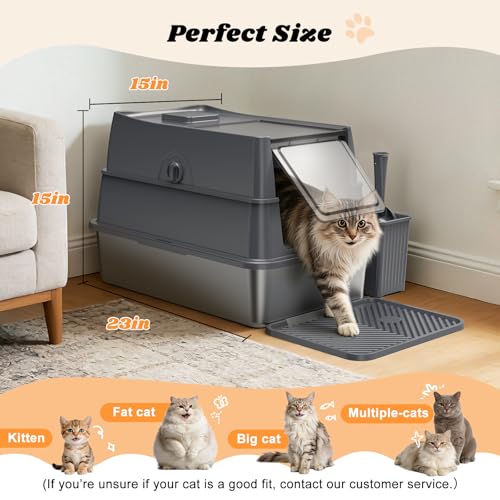 Enclosed Stainless Steel Cat Litter Box with Lid High Sided (Transparent Grey / X-Large)