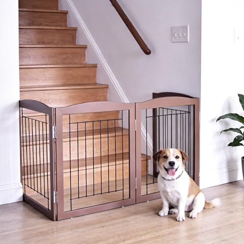 Freestanding Foldable Dog Gate for House Extra Wide Wooden Indoor Puppy Gate Stairs Doorways Pet Gate Tall Dog Fence 2 Panels Fence Brown (Brown / 【2 Panels】40''w x 24''h)