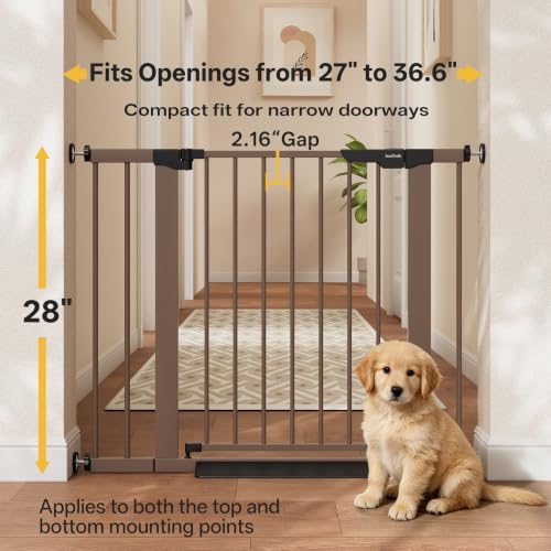 27 36.6 in Wide Baby Gate for Stairs and Doorways (Brown / 27-36.6"W x 28"H)