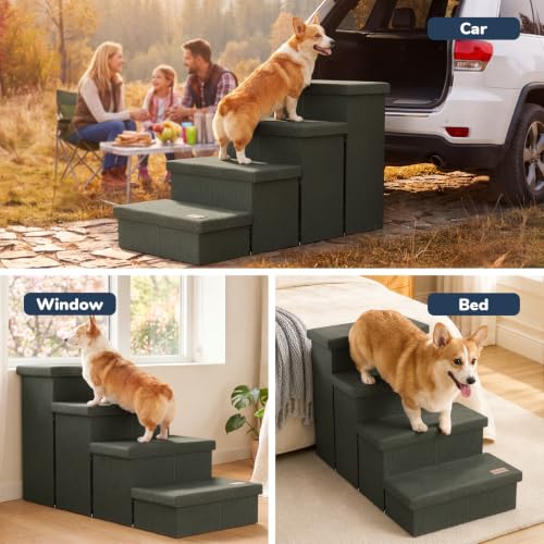 4 Step Wide Dog Stairs with Storage 23" H (Grey Green / 40"D x 17"W x 23"H)