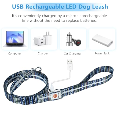 Light up Dog Leash USB Rechargeable for Small Medium Large Dogs (Bohemian Blue / L59in/W1in)