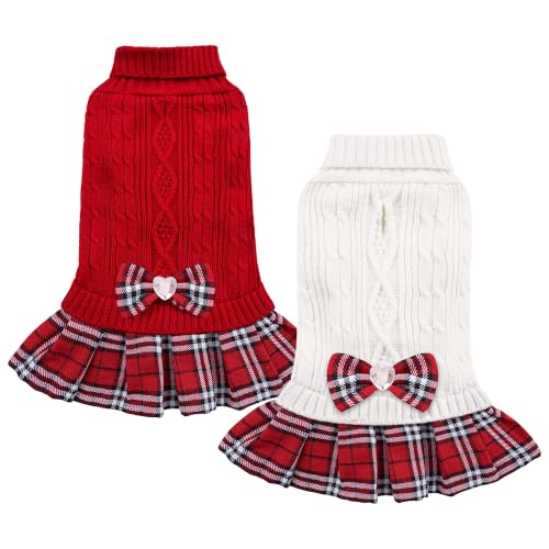 2 Pack Small Dog Sweater Dress with Bowtie Turtleneck (Large (14-21lbs) / Red+White)