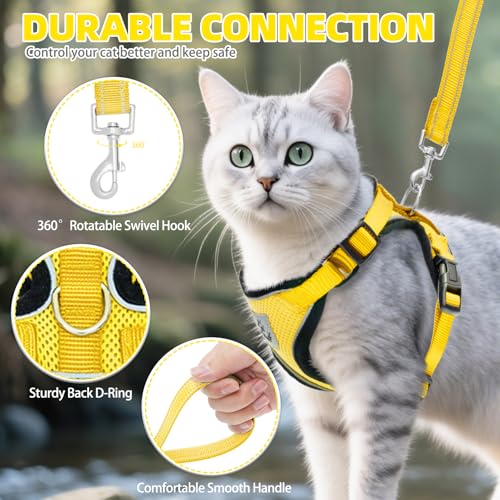 Cat Harness and Leash Set Escape Proof Reflective Cat Walking Harness Adjustable Soft Breathable Mesh Vest for Small Pets (S (NECK 9.5"-11", CHEST 13"-16") / Yellow)