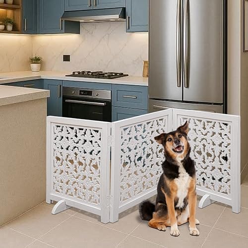 Freestanding Pet Gate for Dogs (White Antique / 54x22.5" 3 Panel Flower)