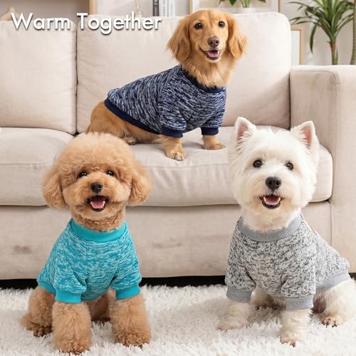 3 Pack Dog Sweaters for Small Dogs Girl Boy Winter Fleece Clothes Warm Soft Dog Sweatshirt Outfit for Dogs Cats Pet Apparel (Navy Blue+Grey+Light Blue / L (Back: 15.7", Chest: 19.6", 14-18 lbs))
