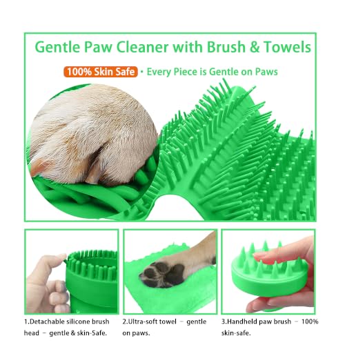 Dog Paw Cleaner Cup with Detachable Top Brush for Large & XL Dogs (Large(3Towels&Brush) / Green)