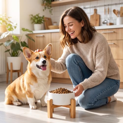 Elevated Ceramic Dog Bowl with Bamboo Stand (White / 3.6Cup)
