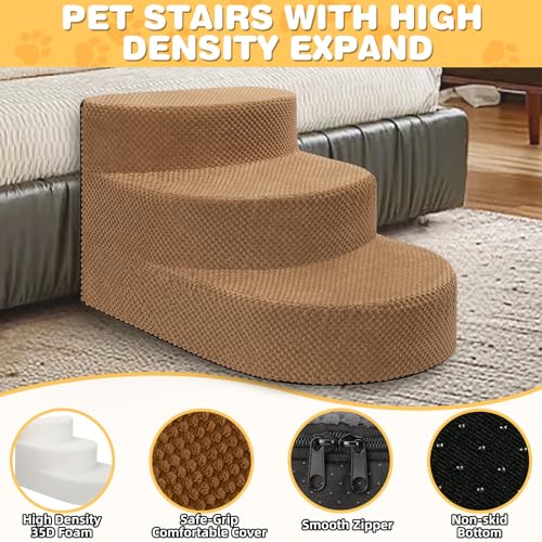 Dog Stairs 3 Steps Foam Pet Ramp for Small Dogs Cats (Khaki-3-Step)