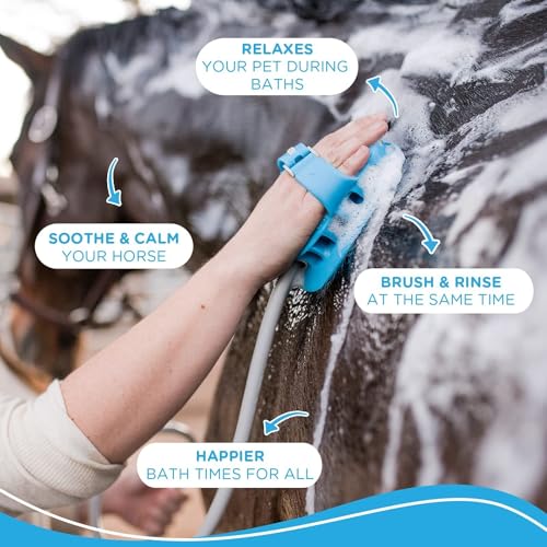 5-in-1 Horse & Dog Bath Brush & Curry Comb - XL Blue Silicone - Includes 3-ft Shower Hose Attachment & Adapter - Adjustable Spray Scrub Massager - Great for Horses & Big Dogs (X-Large)