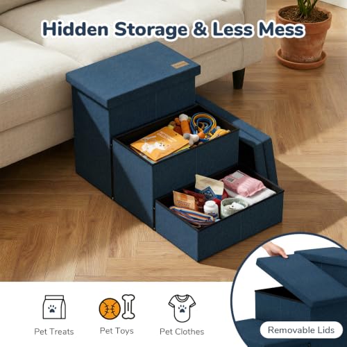 3 Step Wide Dog Stairs with Hidden Storage 18" H (Navy / 30"D x 17"W x 17.7"H)