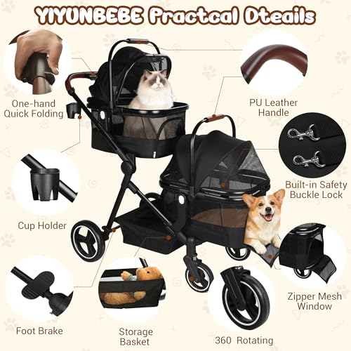 Foldable Double Pet Stroller for 2 Small Medium Cats Dogs (Black / Double)