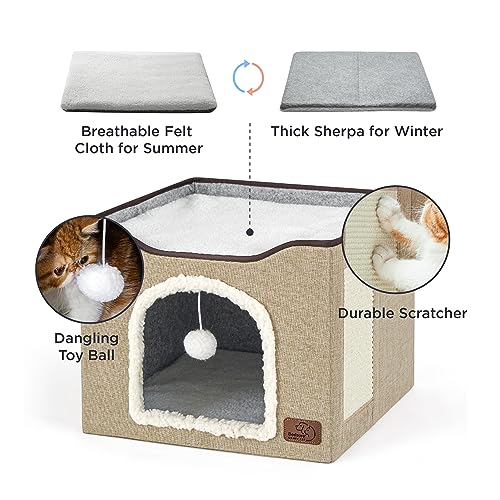 Cat House Bed for Indoor Cats with Fluffy Ball and Scratch Pad (Brown / Single)