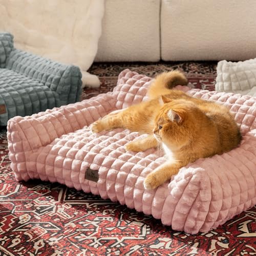 Cat Couch Bed with Fluffy Faux Rabbit Fur for Indoor Cats (Pink / Medium: 30"L x 20"W x 10"Th)