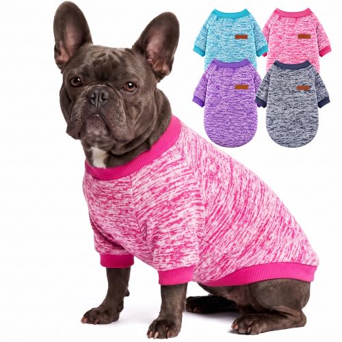 4 Pack Dog Sweaters for Small Dogs Girl Boy Winter Fleece Clothes Warm Soft Dog Sweatshirt Outfit for Dogs Cats Pet Apparel (Rose red+Bright Blue+Navy Blue+Purple / Large)